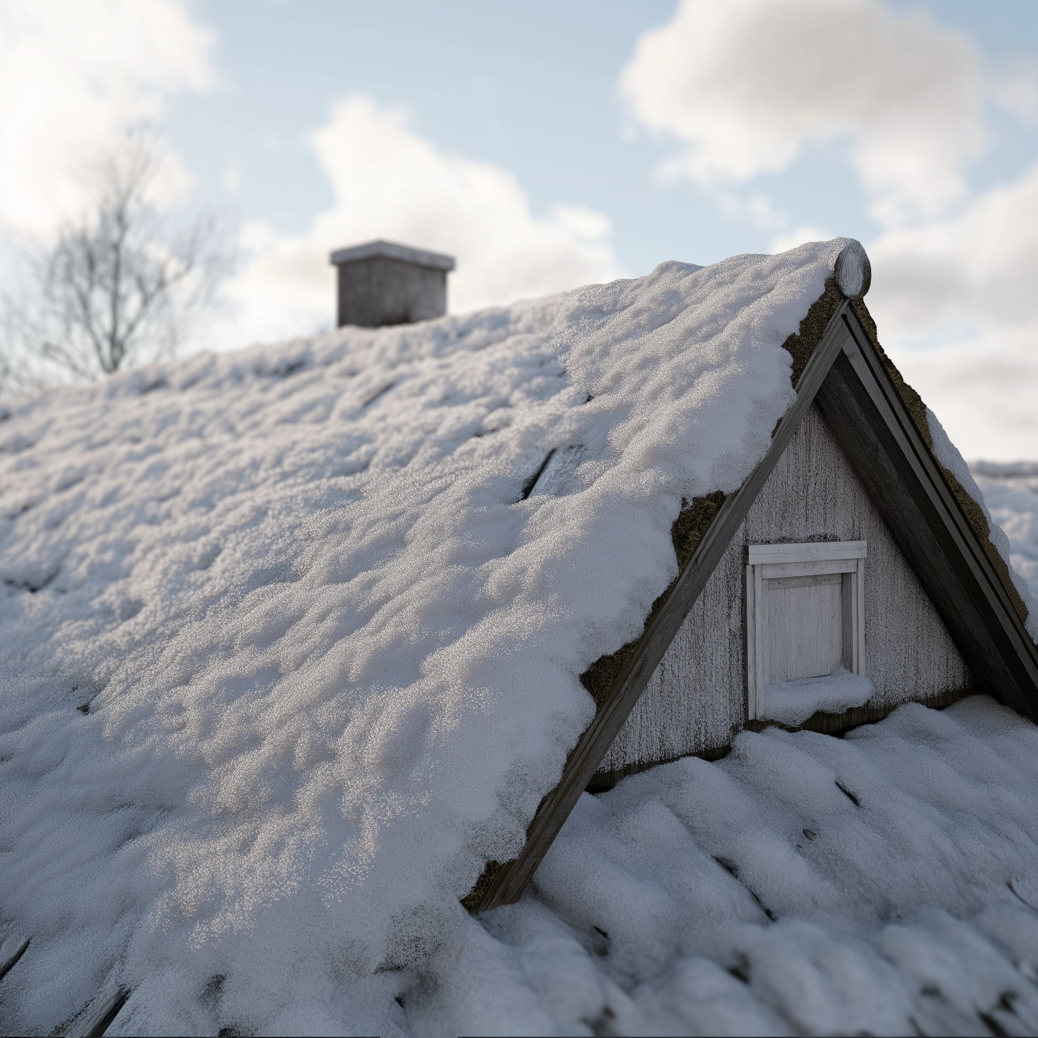 Snow piled on a residential roof during a Maine winter storm